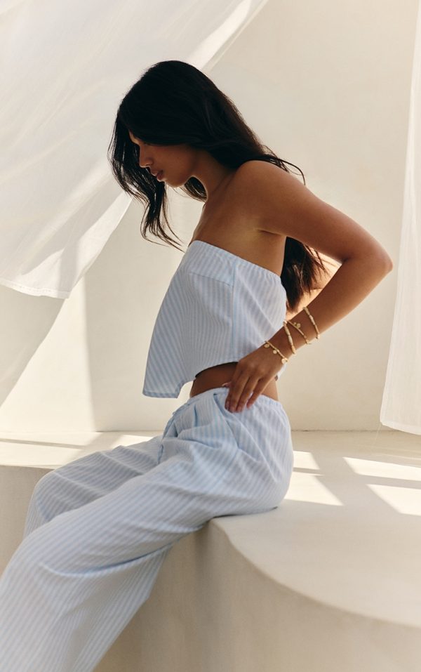 Blue Pinstriped Bandeau Dipped Hem Top