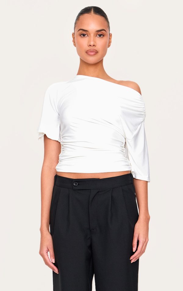 Cream Slinky Slouchy Asymmetric Long Top