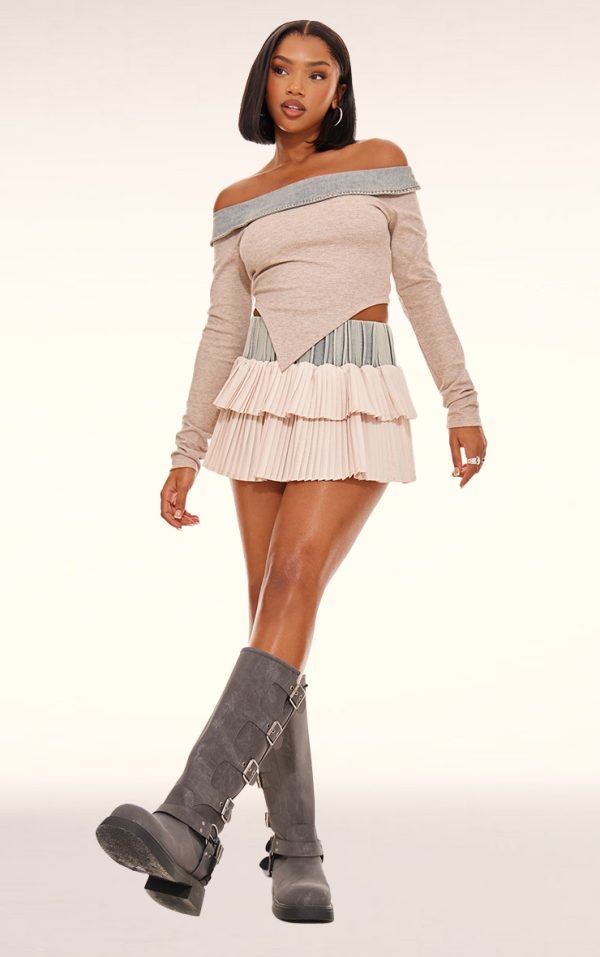 Stone Acid Wash Denim Pleated Mini Skirt