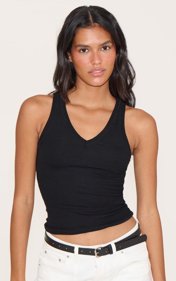 Black Soft Rib V Neck Vest Top