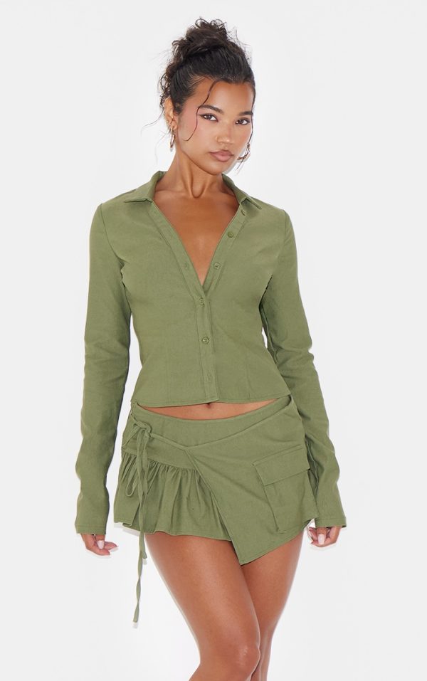 Khaki Woven Long Sleeve Cargo Shirt