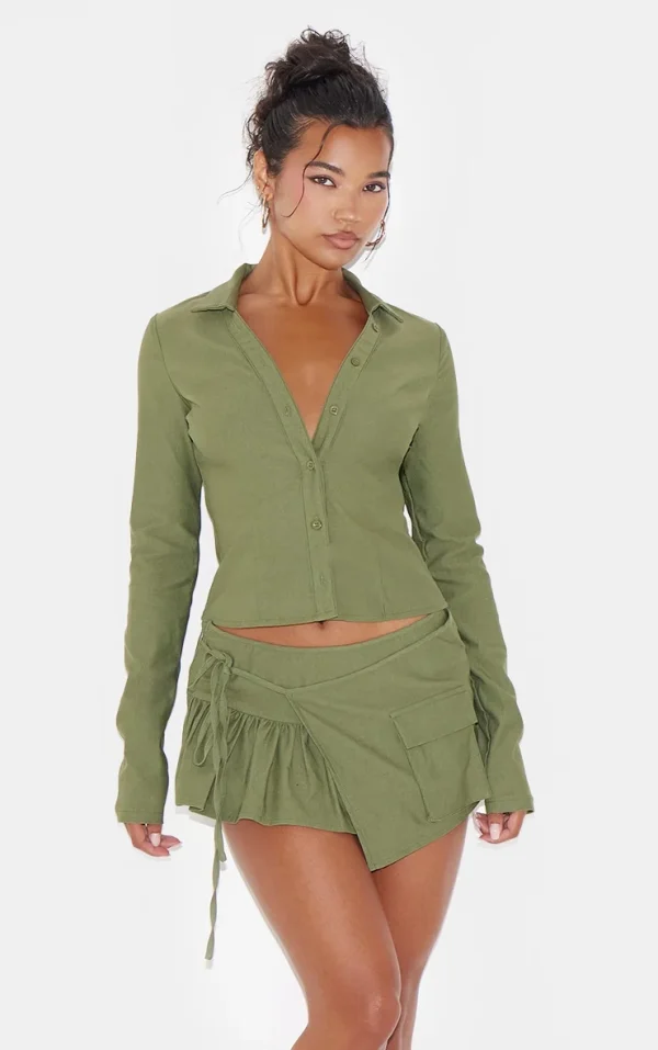 Khaki Woven Long Sleeve Cargo Shirt