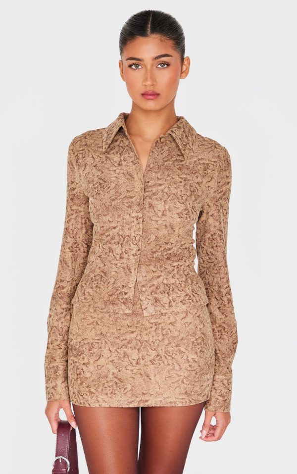 Brown Distressed Faux Suede Fitted Shirt