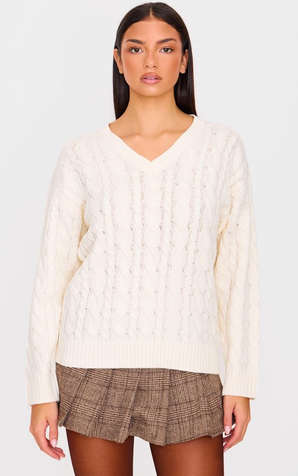 Cream Cable Knit Oversized V Neck Sweater