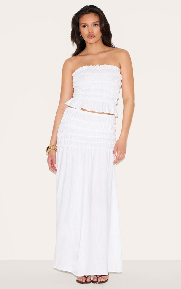 White Shirred Linen Look Panel Mid Rise Maxi Skirt