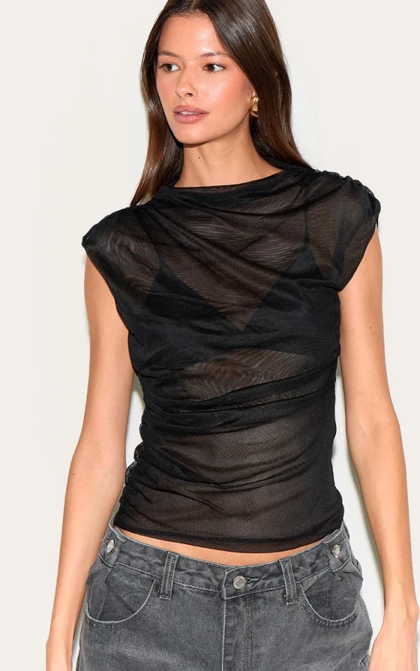 Black Double Layer Mesh Ruched Detail Long Top