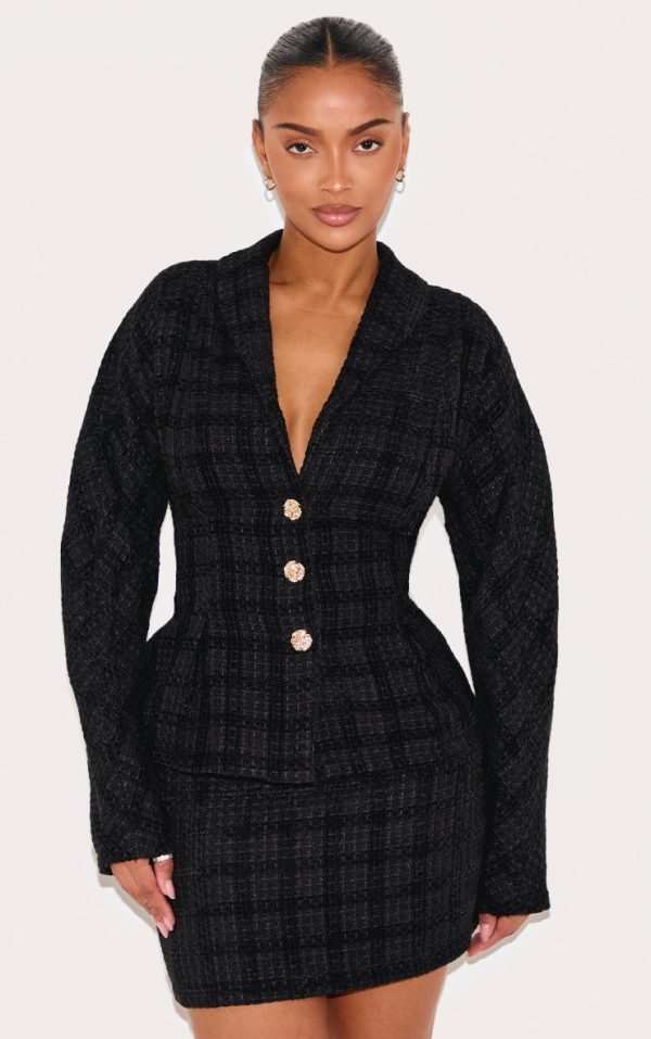Shape Black Buckle Cinched Cocoon Sleeve Hammered Button Blazer