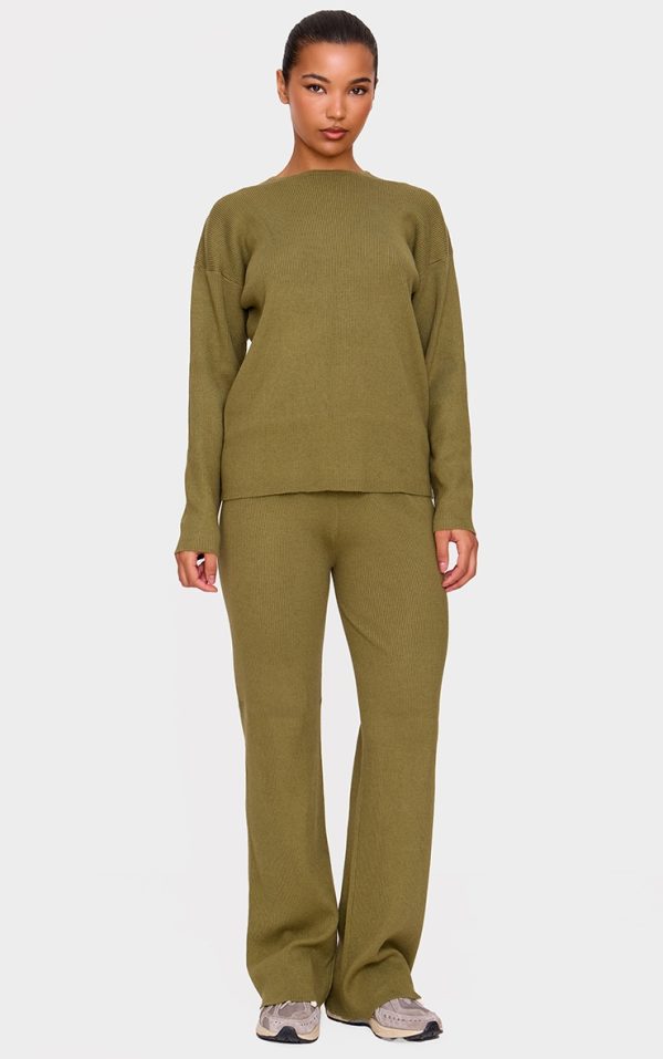 Khaki Light Rib Knit Wide Leg Pants