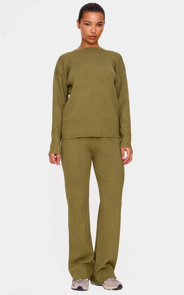Khaki Light Rib Knit Wide Leg Pants