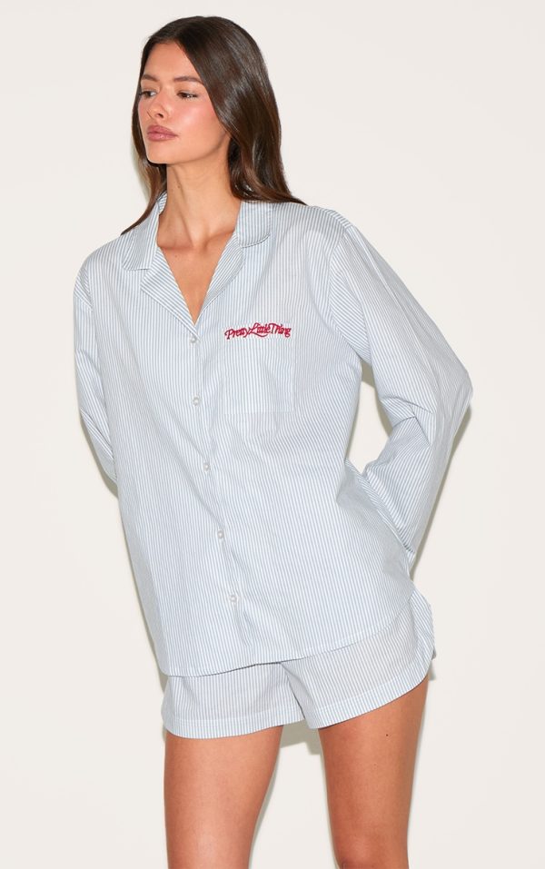 PRETTYLITTLETHING Embroidered Blue Stripe Oversized Shirt and Short PJ Set