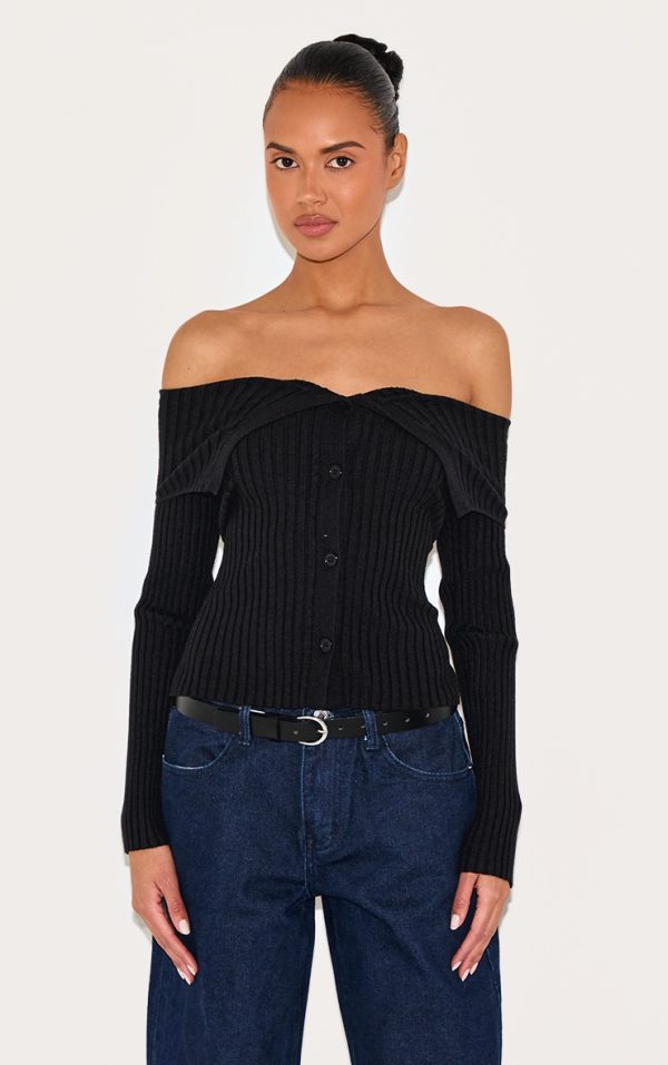 Black Rib Knit Fold Over Button Up Top