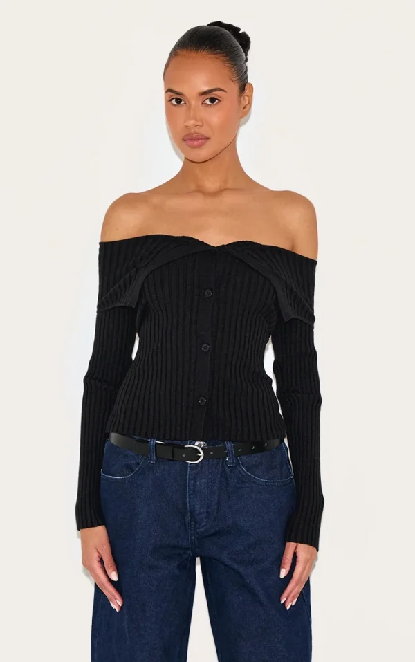 Black Rib Knit Fold Over Button Up Top