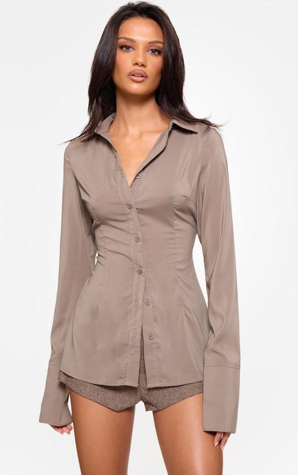 Brown Chiffon Fitted Shirt
