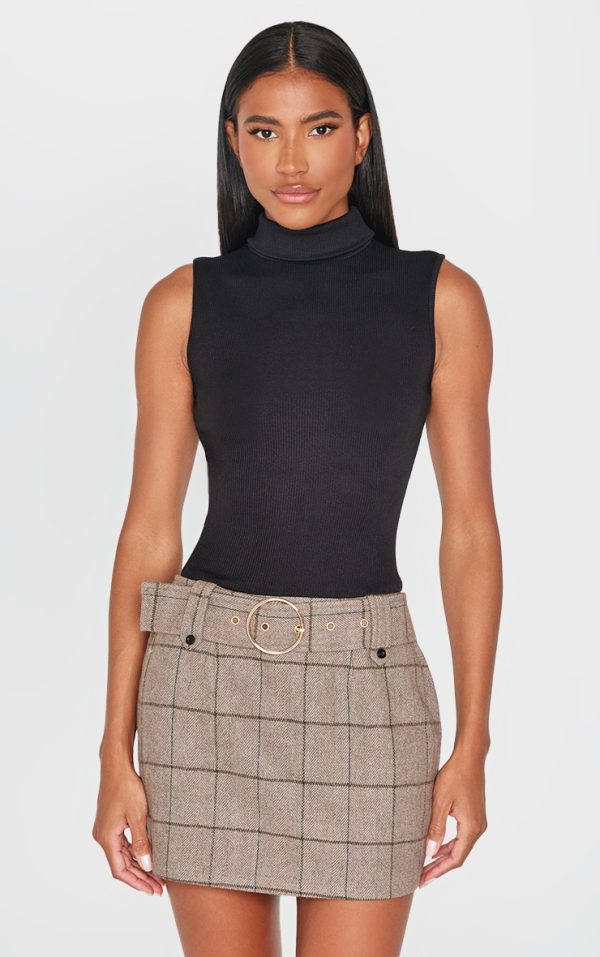 Black Roll Neck Ribbed Twill Contrast Bodycon Dress