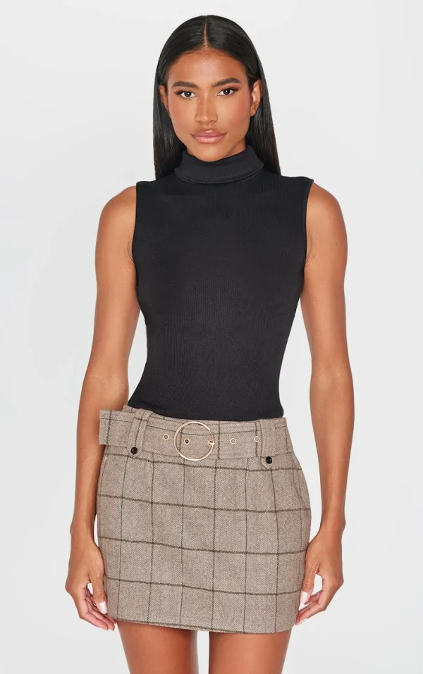 Black Roll Neck Ribbed Twill Contrast Bodycon Dress