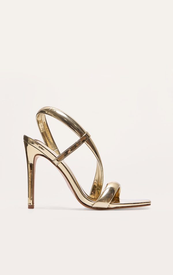 Gold Metallic PU Square Toe Padded Asymmetric High Heeled Sandals