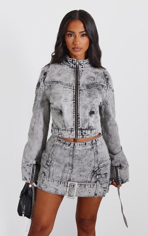 Petite Washed Grey Denim Mini Skirt With Belt Detail