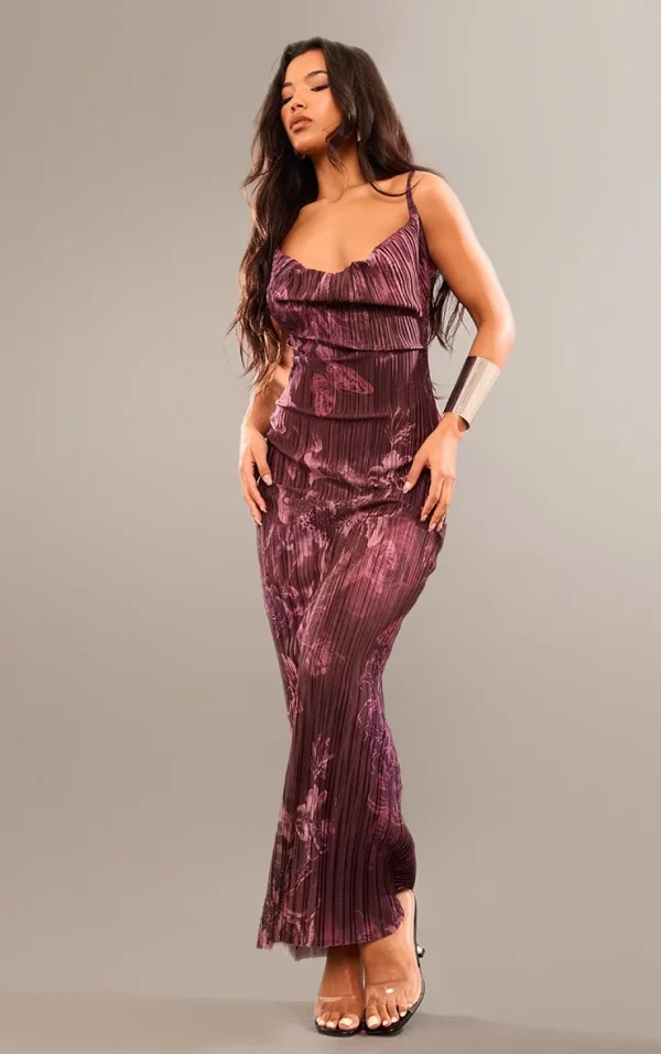Brown Floral Printed Plisse Strappy Maxi Dress
