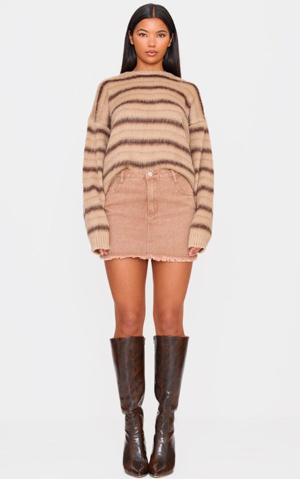 Washed Taupe Raw Hem Denim Mini Skirt
