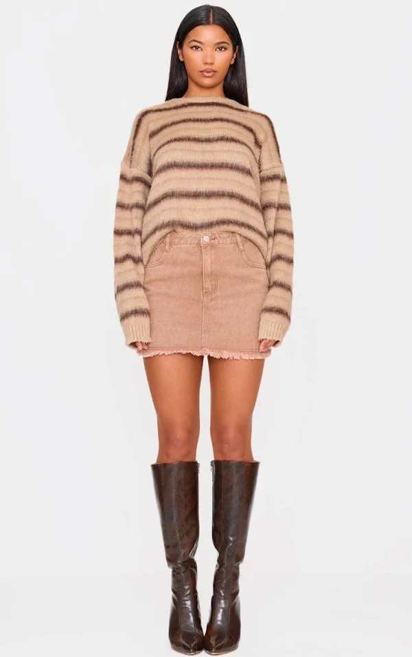 Washed Taupe Raw Hem Denim Mini Skirt