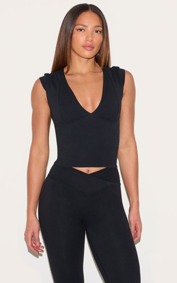 Tall Black Snatched Sculpt V Neck Crop Top
