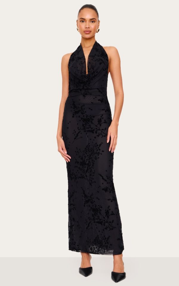Black Devore Cowl Neck Maxi Dress