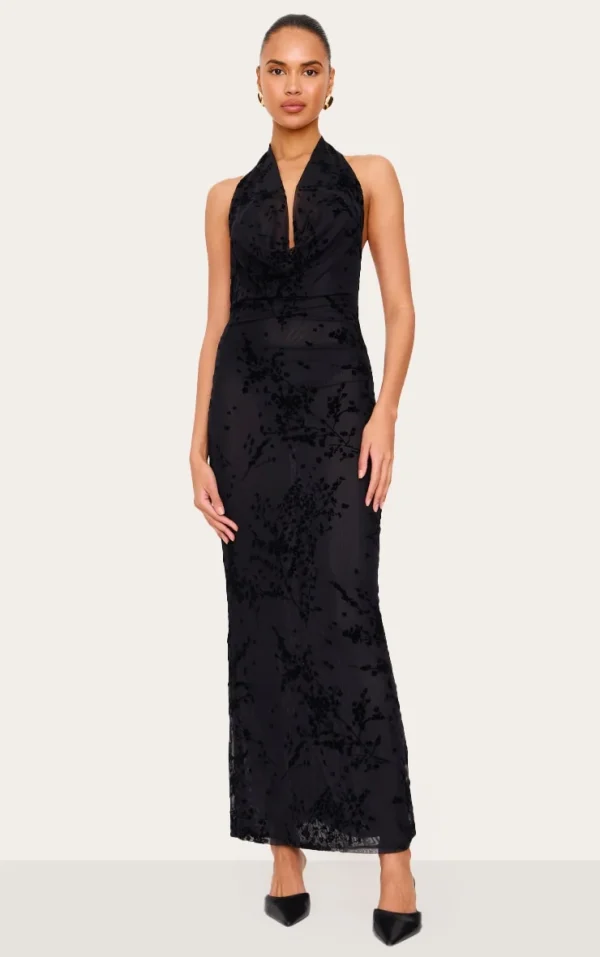 Black Devore Cowl Neck Maxi Dress