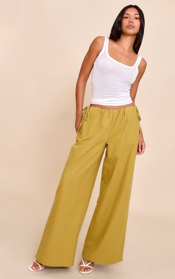 Olive Premium Linen Side Tie Detail Wide Leg Pants