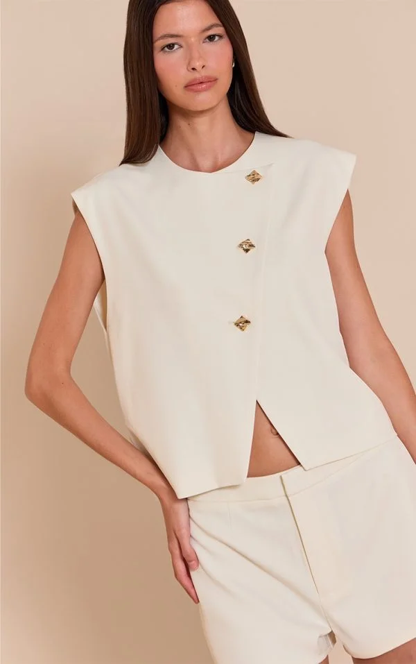 Almond Gold Trim Oversized Vest