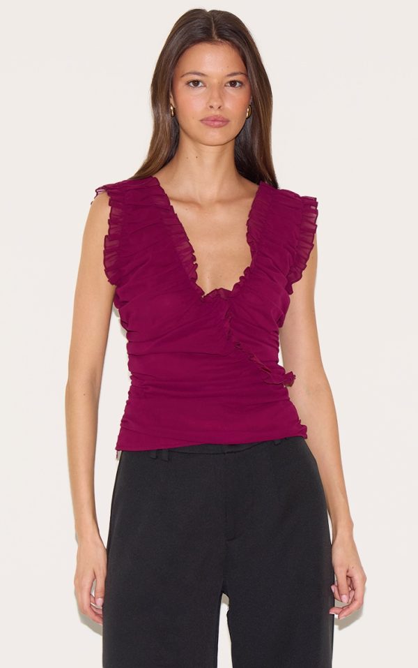 Plum Chiffon Ruffle Ruched Sleeveless Top