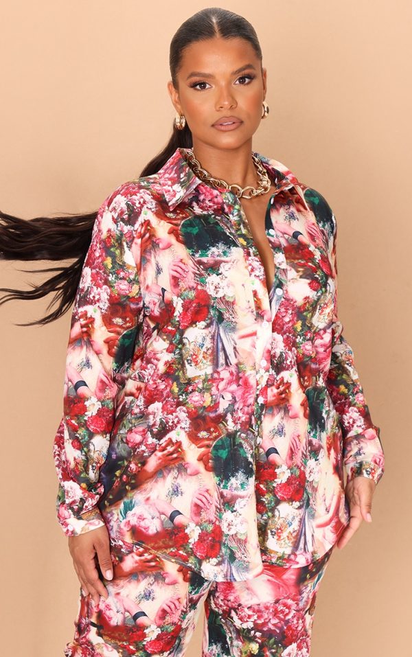 Plus Rose Femme Renaissance Print Oversized Shirt