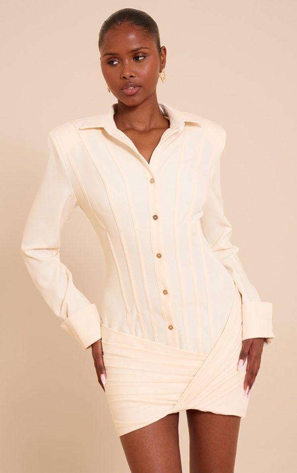 Butter Cream Structured Woven Wrap Shirt Dress