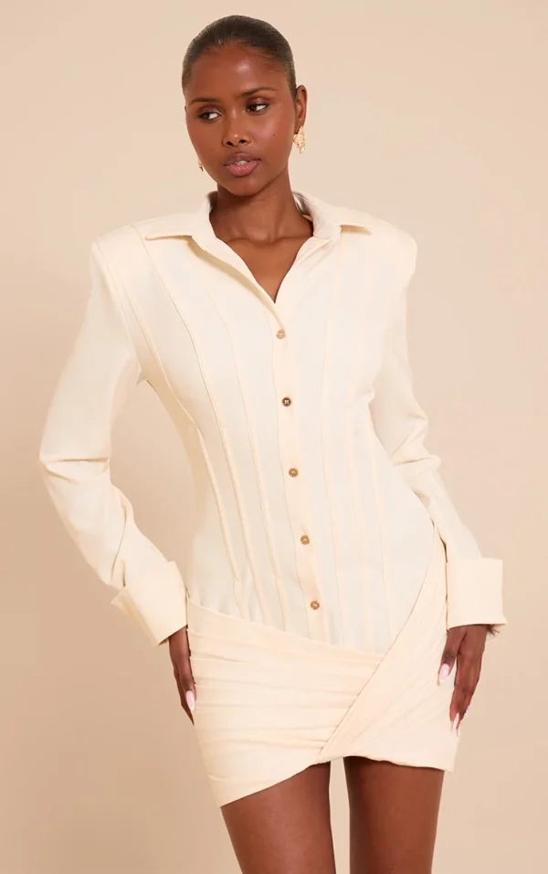 Butter Cream Structured Woven Wrap Shirt Dress