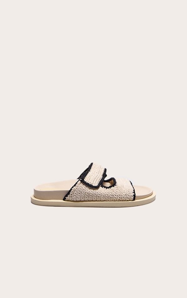 Cream Contrast Round Toe Crochet Velcro Strap Flat Footbed Sandals