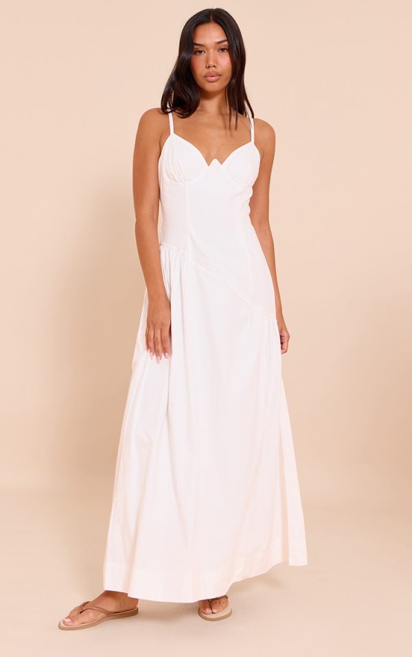 White Plunge Asymmetric Detail Maxi Dress