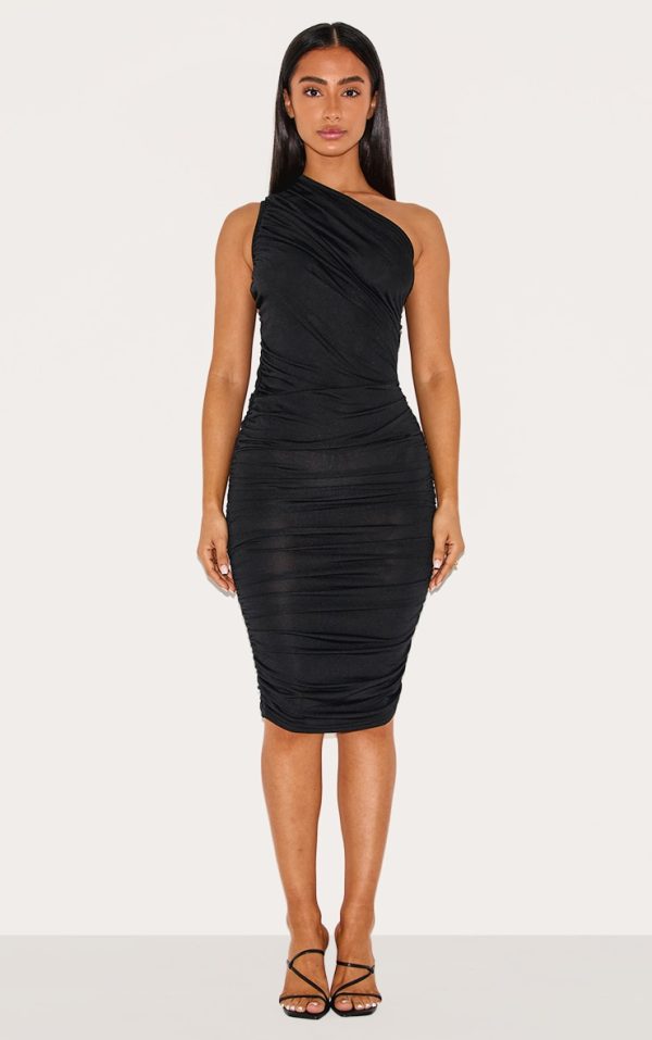 Petite Black Slinky Ruched One Shoulder Longline Midi Dr