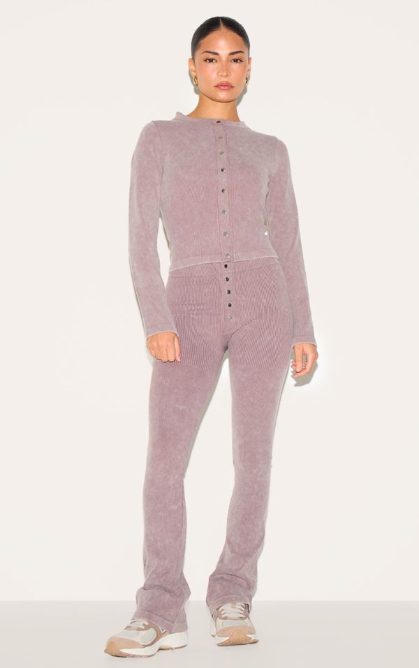 Petite Taupe Faded Snatched Rib Button Detail Flared Leggings