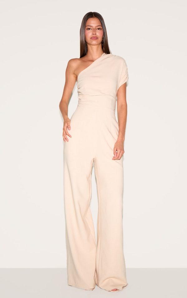 Sand Asymmetric Ruched Wide Leg Jumpsuit