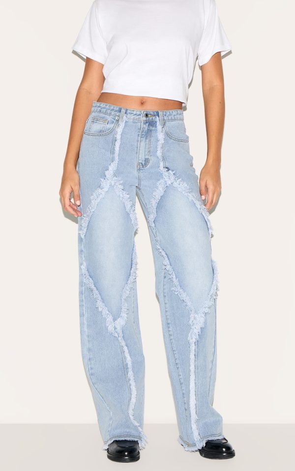 Tall Light Blue Wash Mid Rise Raw Seam Detail Wide Leg Jeans