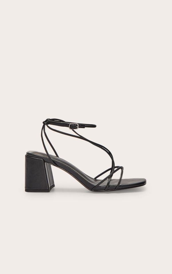 Black Pu Round Toe Strappy Mid Block Heel Sandals