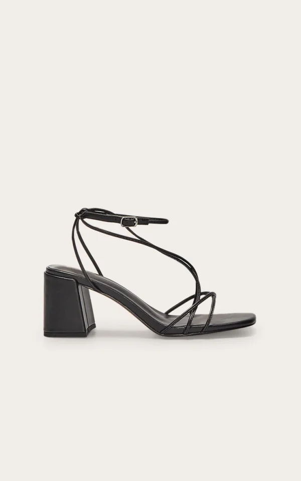 Black Pu Round Toe Strappy Mid Block Heel Sandals