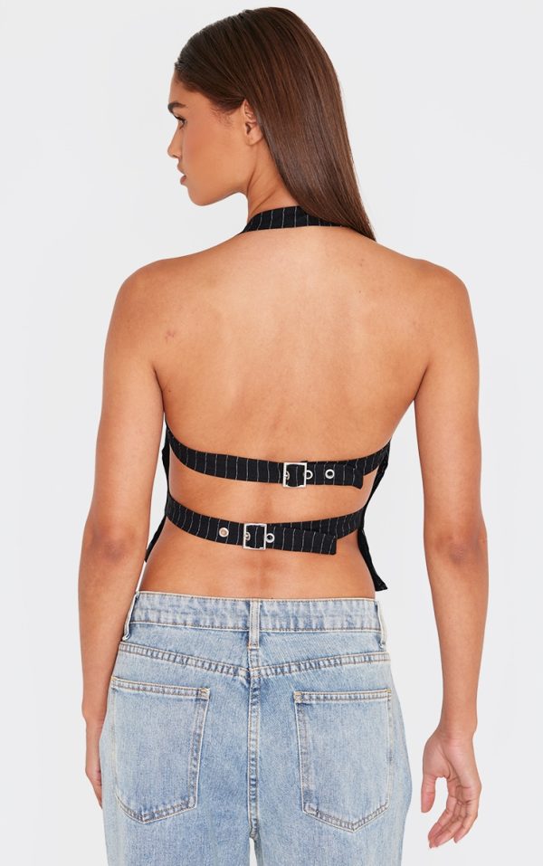 Black Bengaline Pinstripe Backless Top