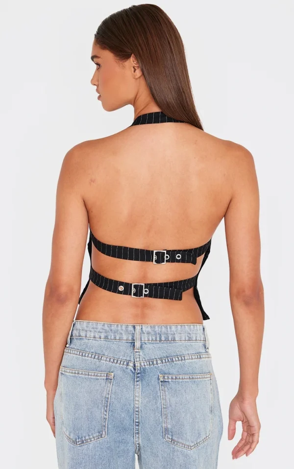 Black Bengaline Pinstripe Backless Top
