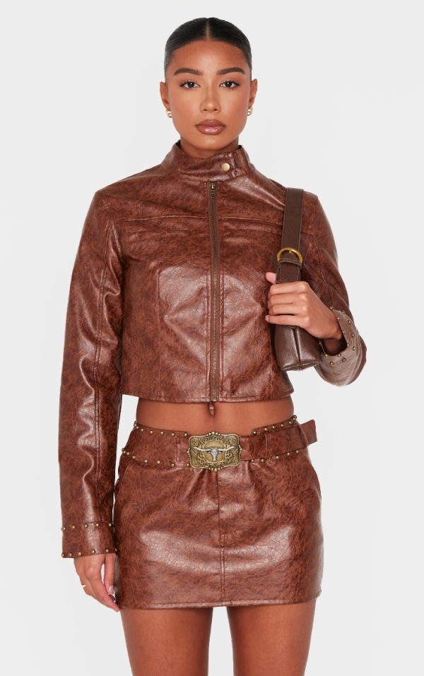 Brown Faux Leather Tie Detail Studded Biker Jacket