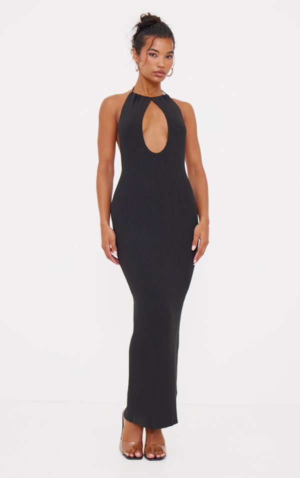 Black Fine Knit Halterneck Maxi Dress