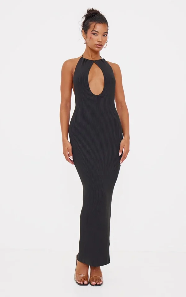Black Fine Knit Halterneck Maxi Dress