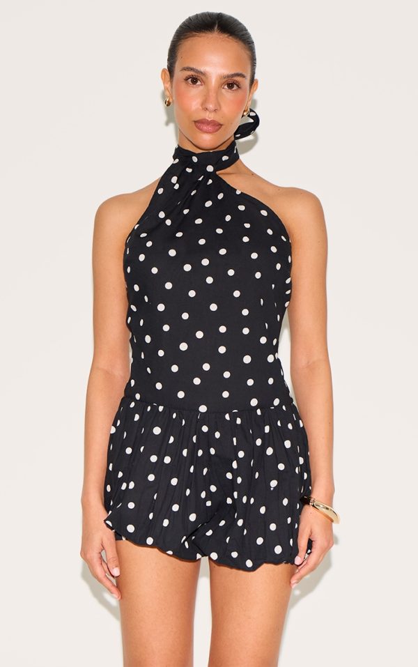 Petite Black Linen Look Polka Dot Halterneck Romper