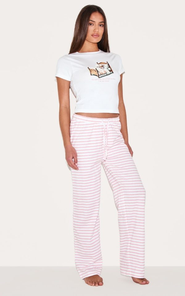 Cream Teddy Print Stripe Long Pj Set