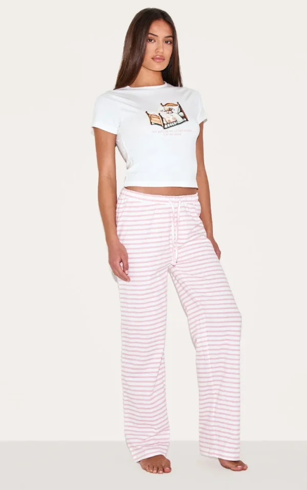 Cream Teddy Print Stripe Long Pj Set