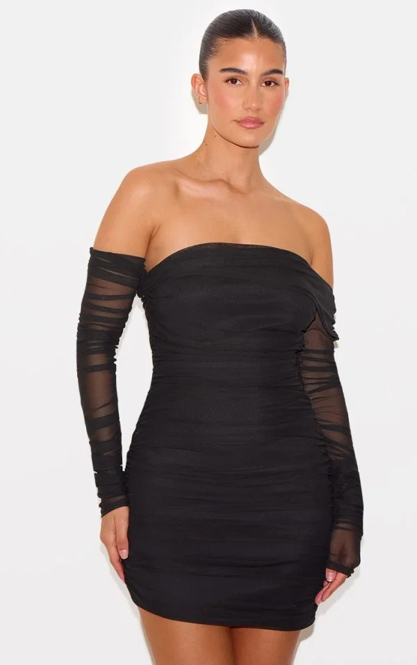 Black Layered Mesh Asymmetric Long Sleeve Mini Dress